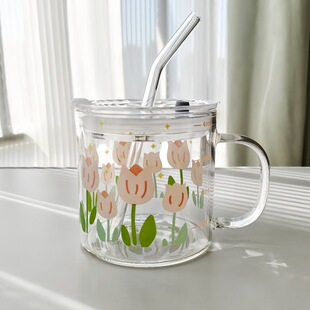 小清新玻璃吸管杯女生高颜值带盖家用刻度牛奶早餐茶杯高硼硅水杯