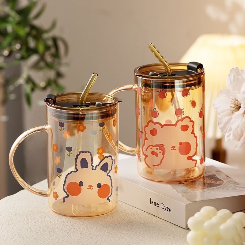 卡通高硼硅带把玻璃吸管杯大容量1000ml高颜值家用牛奶水杯耐高温