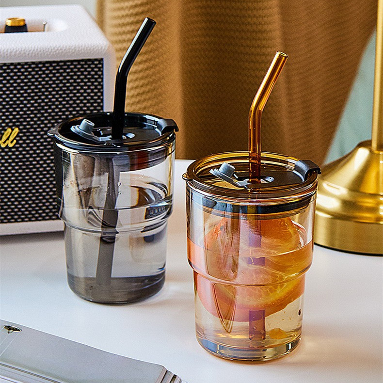 创意网红咖啡杯韩版高颜值简约带盖竹节玻璃吸管杯果汁杯家用水杯