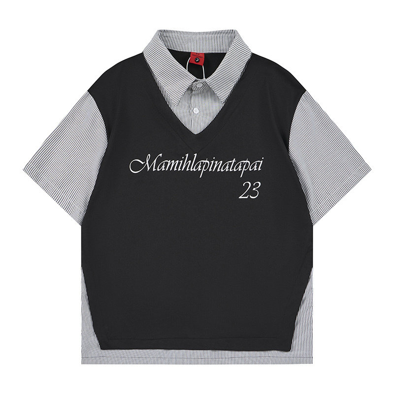 美式休闲学院风条纹拼接衬衫领五分袖T恤男女宽松潮牌设计感短袖