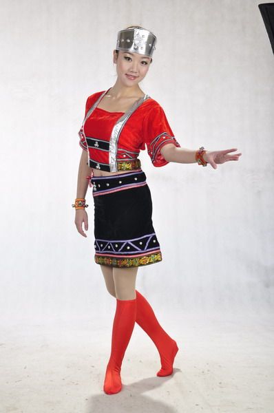 云南少数民族佤族女装/舞蹈演出服装/红色短款短裙舞台表演服饰