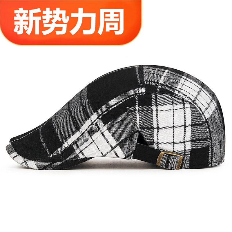 跨境帽子春秋美式复古彩色格纹前进帽日系文艺古着画家鸭舌帽百搭