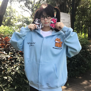 刺繡小貓魔術貼連帽衛衣女秋冬寬松慵懶上衣外套 文文不乖原創美式