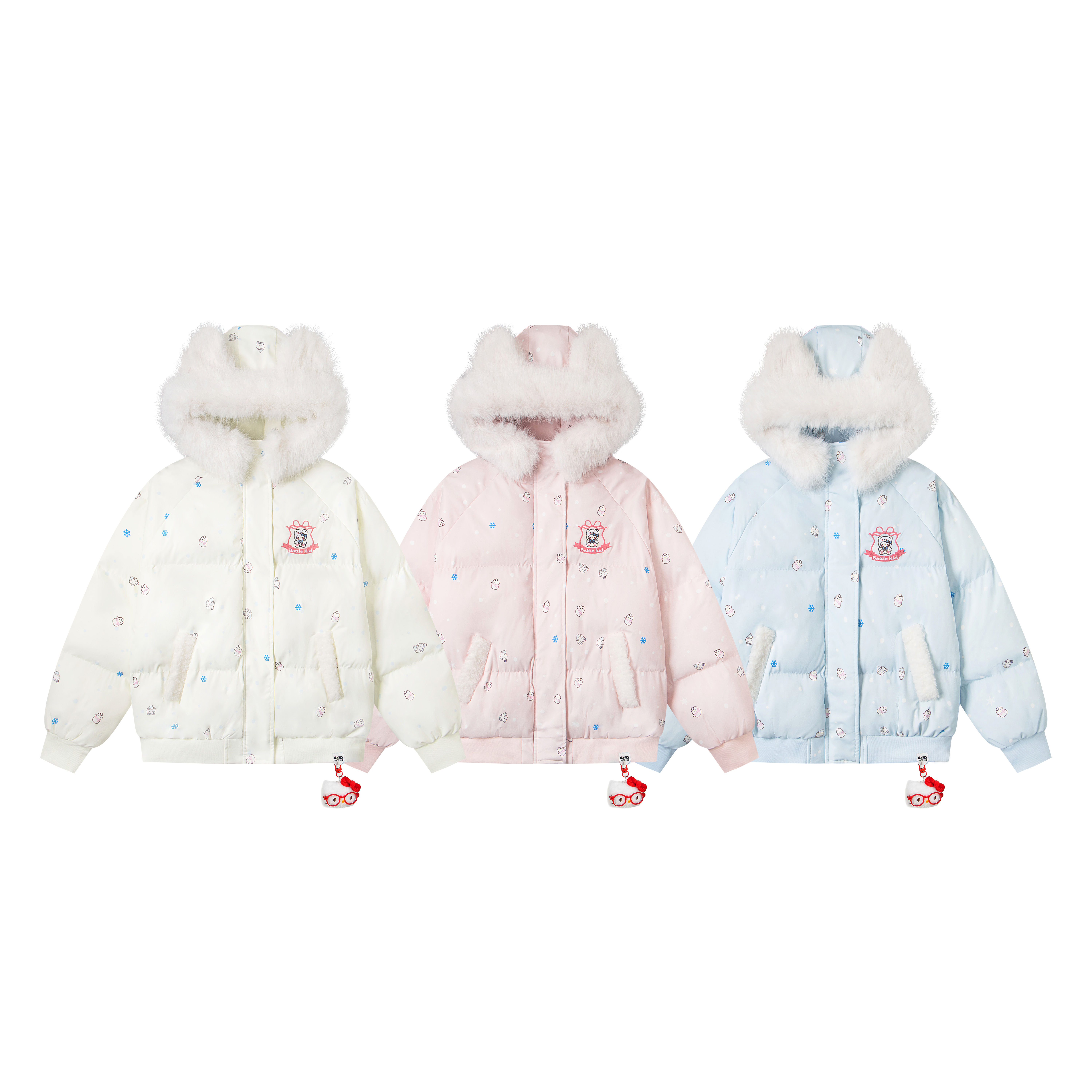 文文不乖原创KT挂件毛领耳朵连帽棉服女秋冬可爱软萌加厚保暖棉衣