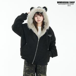 文文不乖国潮座山雕毛绒连帽棉服男女美式高级感加绒加厚棉衣外套