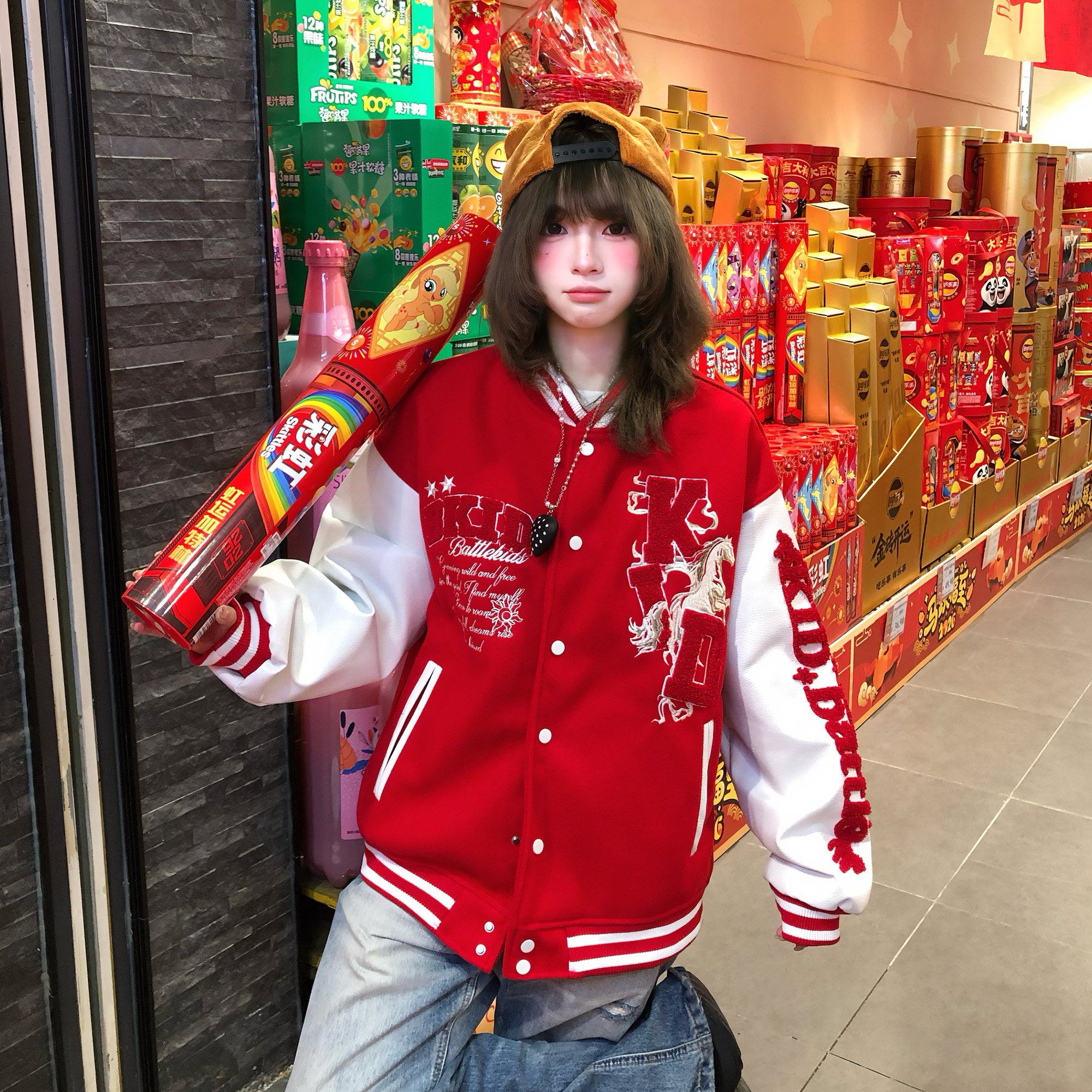 文文不乖美式复古风马年棒球服外套女情侣宽松刺绣字母拼色袖夹克,女装/女士精品,短外套,淘宝优惠券,粉丝福利购,淘宝优惠卷