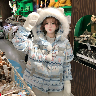 文文不乖原创费尔岛复古风雪人印花毛领连帽棉服女秋冬加厚款外套