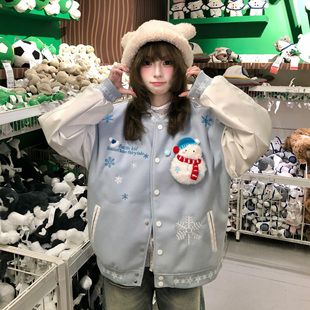 文文不乖原创卡通风雪花雪人魔术贴棒球服男女刺绣宽松百搭外套