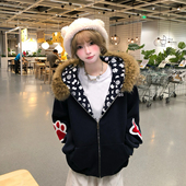 文文不乖 原创美式 复古凯蒂猫毛领连帽外套字母刺绣女秋冬宽松