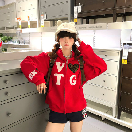 文文不乖原创美式豹纹爱心字母印花连帽卫衣女秋冬宽松慵懒风外套