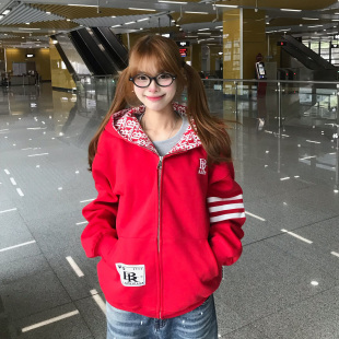 文文不乖美式 卫衣男女宽松情侣外套潮 复古字母印花连帽开衫