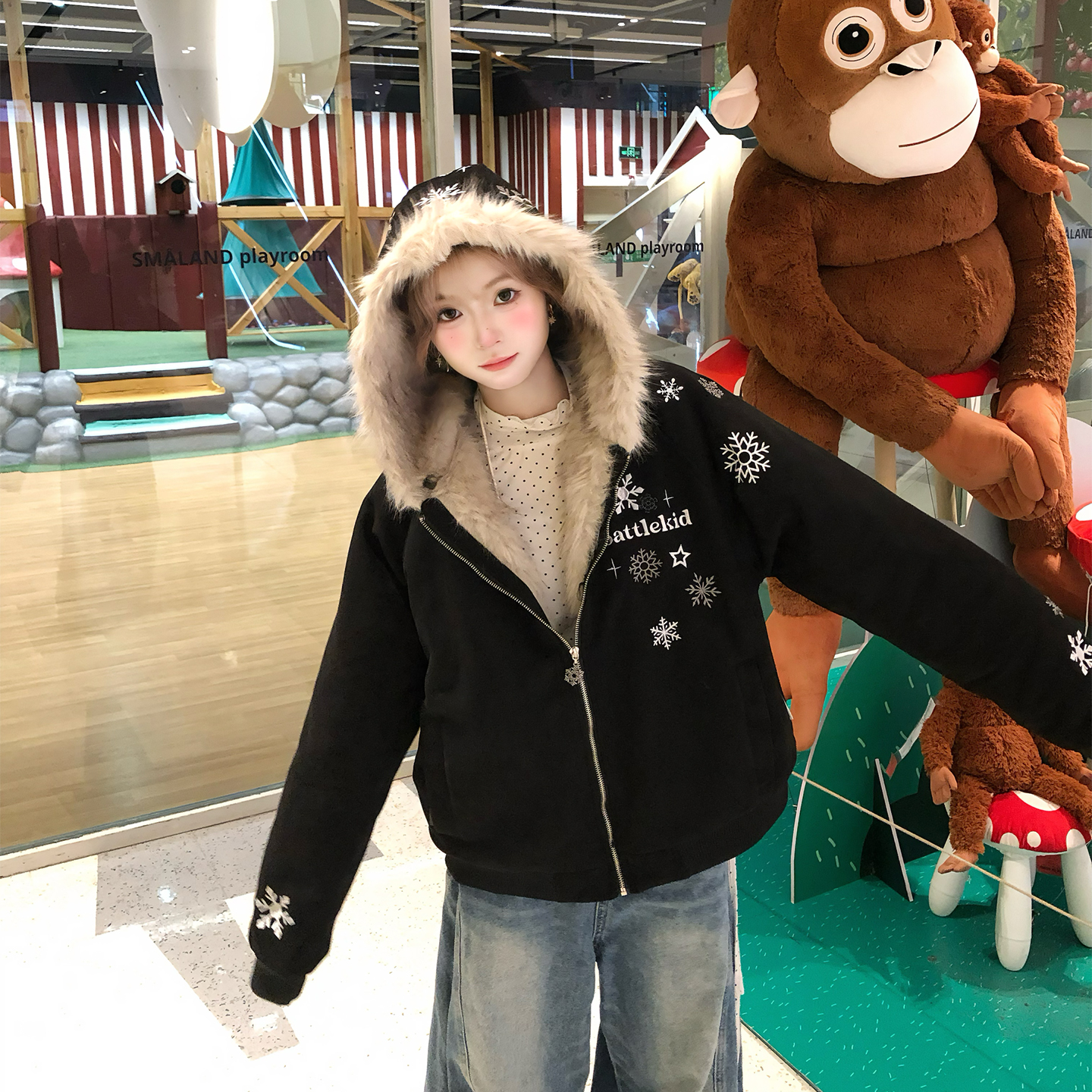 文文不乖原创冰晶雪花字母刺绣毛领连帽棉服男女冬季麂皮加绒加厚