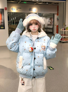 文文不乖原创凯蒂猫满印波点棉服挂件可爱小熊连帽秋冬加厚面包服
