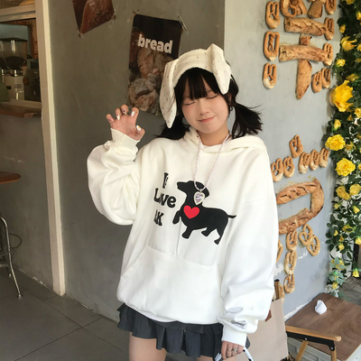 文文不乖原创美式复古小狗字母印花连帽卫衣女秋冬宽松慵懒风外套