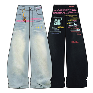 宽松显瘦长裤 文文不乖美式 新款 男女春季 街头风字母印花阔腿牛仔裤