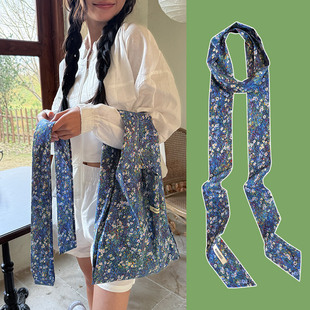 蓝色法式小长条窄丝巾女扎头编发带棉丝带飘带脖子领带腰带薄围巾