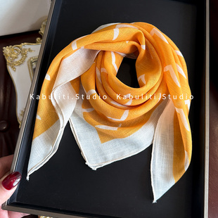 橘黄色小方巾丝巾女三角包头防晒护颈围脖子扎头发带棉纱巾薄围巾