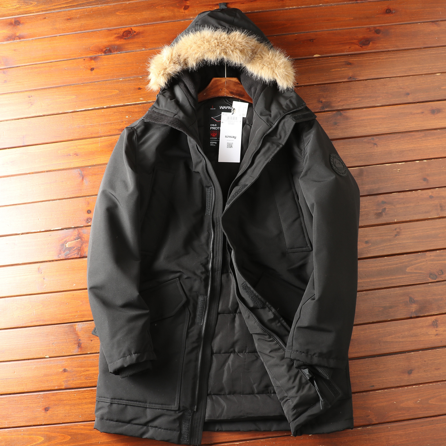 连帽毛领中长款派克棉服外套