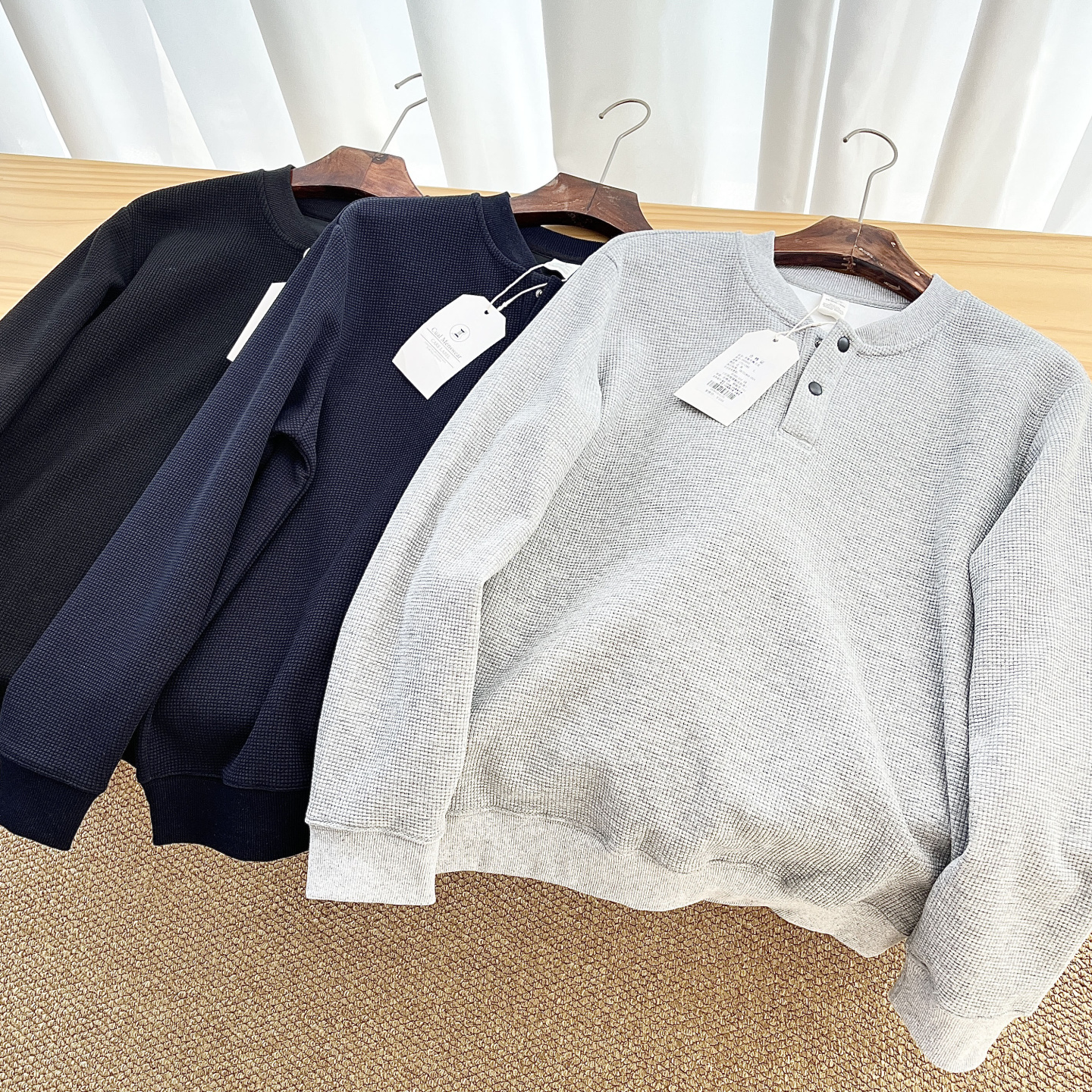 外贸美式双面针织纯棉华夫格亨利领长袖卫衣男士秋冬宽松休闲上衣