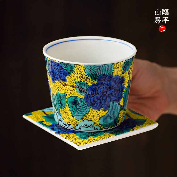 日本进口九谷烧陶瓷彩绘茶杯 花鸟斗彩 结婚生日礼物日式泡茶杯子