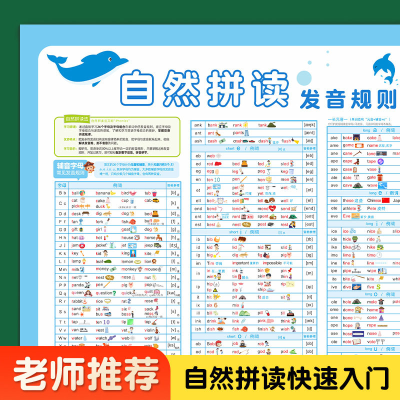 英语自然拼读发音规则表phonics零基础小学生入门教具墙贴挂图