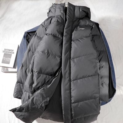 李宁羽绒服男2024冬季新款过膝宽松鸭绒80%连帽中长款外套AYMU095