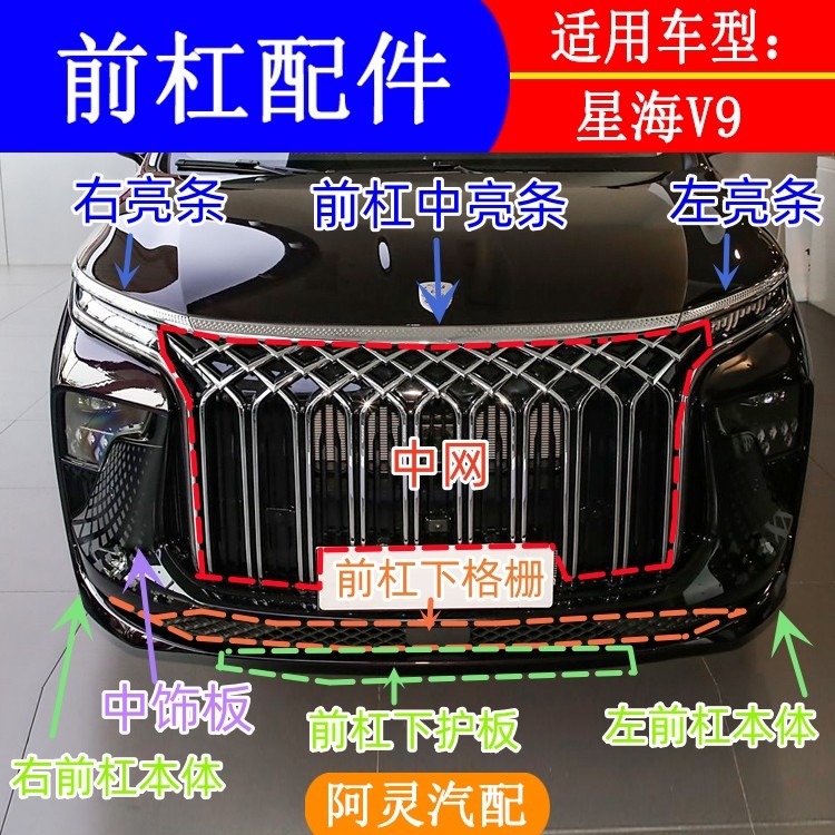 适用东风风行星海V9前杠中网亮条前保险杠本体前杠下格栅下护板