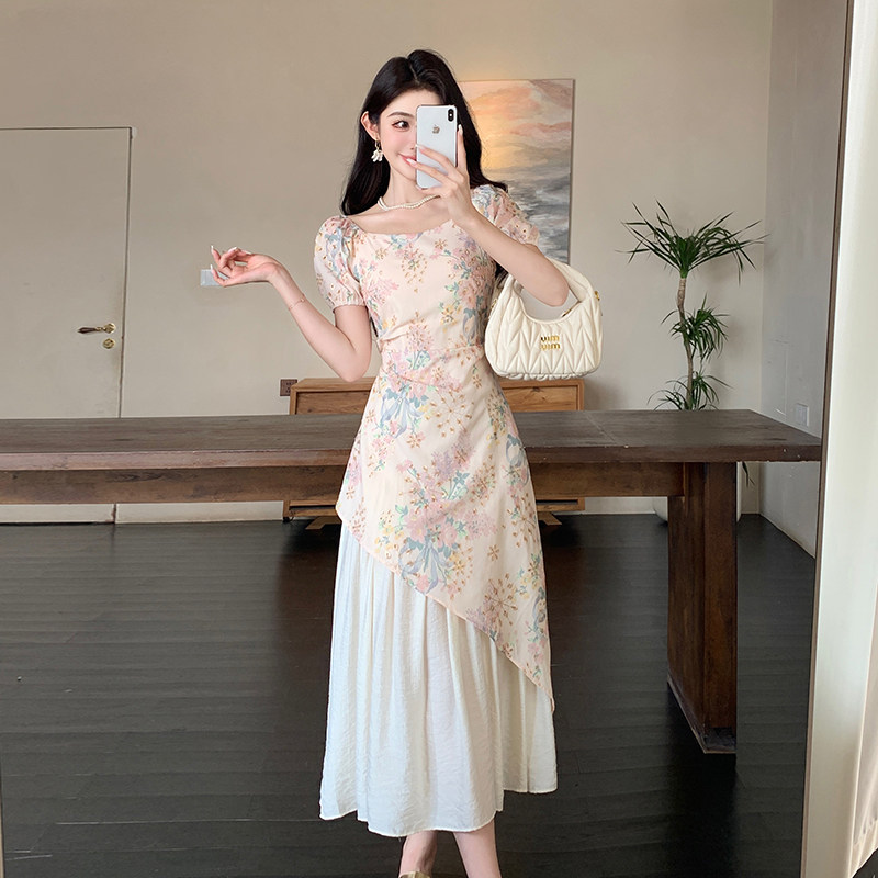 刺绣碎花优雅气质假两件不规则连衣裙女夏复古法式巨好看漂亮长裙