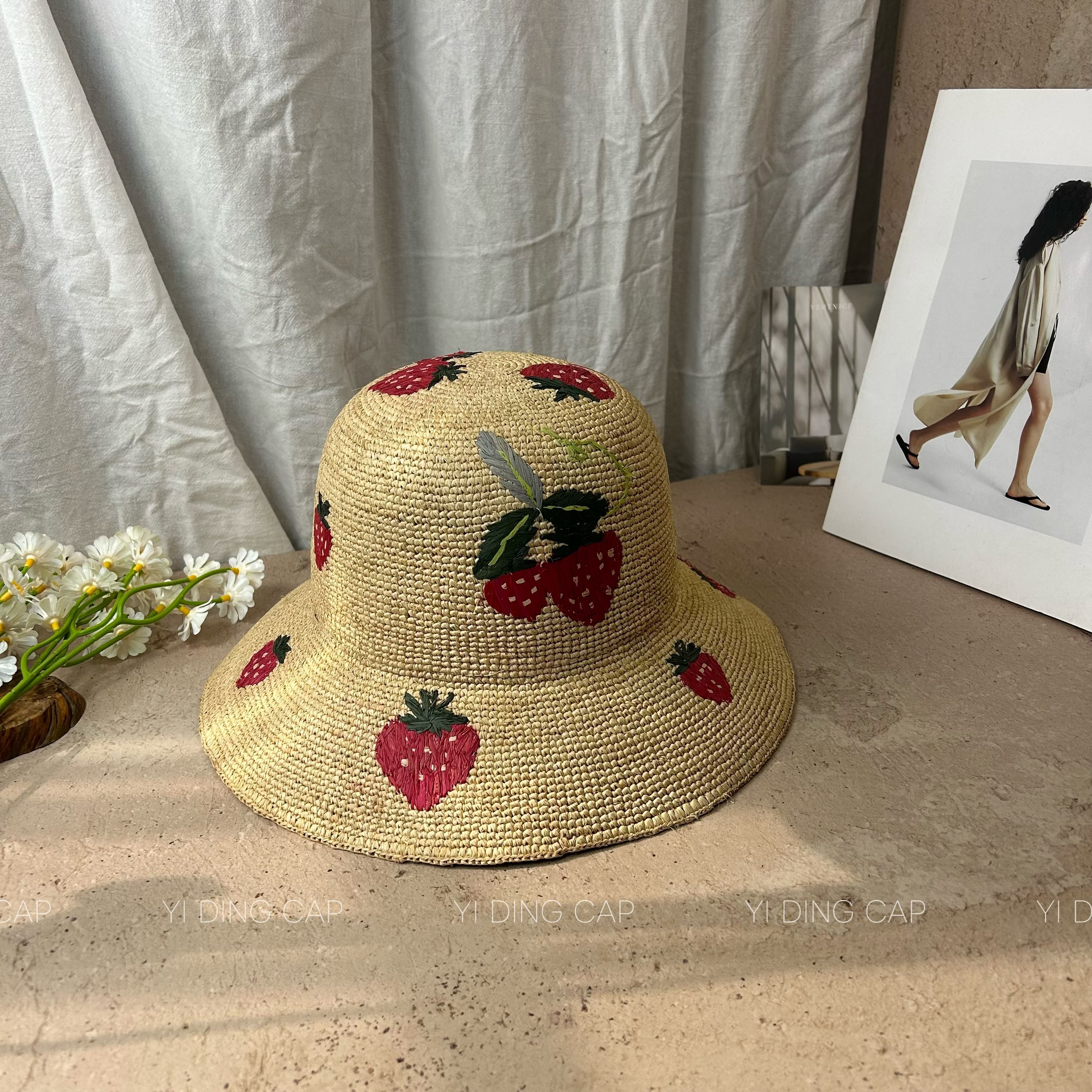 夏季甜美拉菲草刺绣防晒草帽女