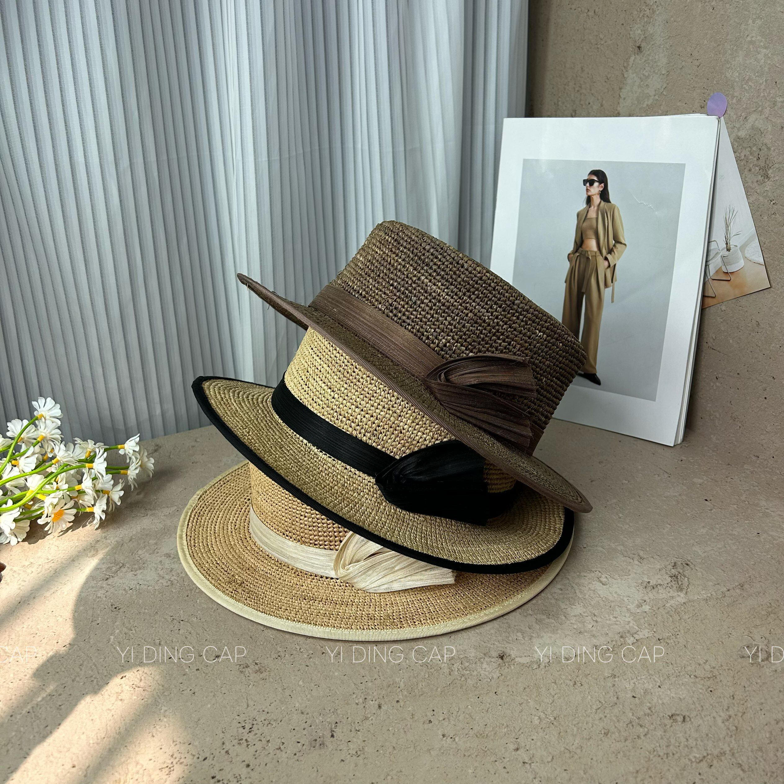 小香风真丝麻防晒平顶礼帽女夏