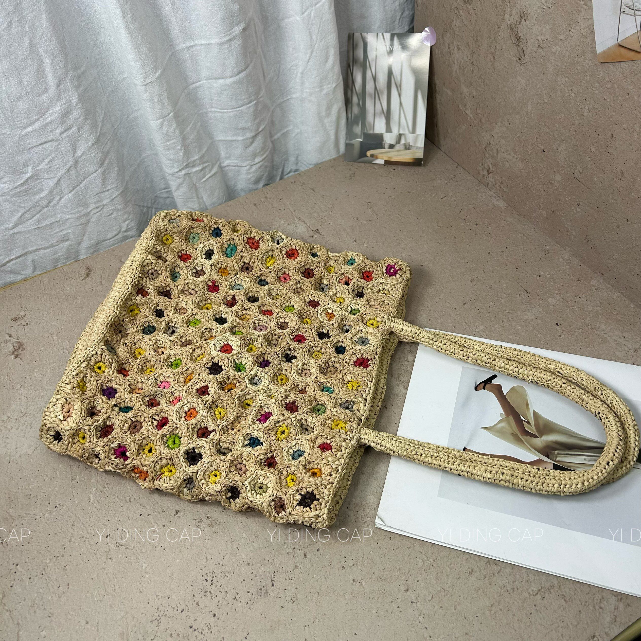 夏季手工钩针刺绣草编沙滩托特包