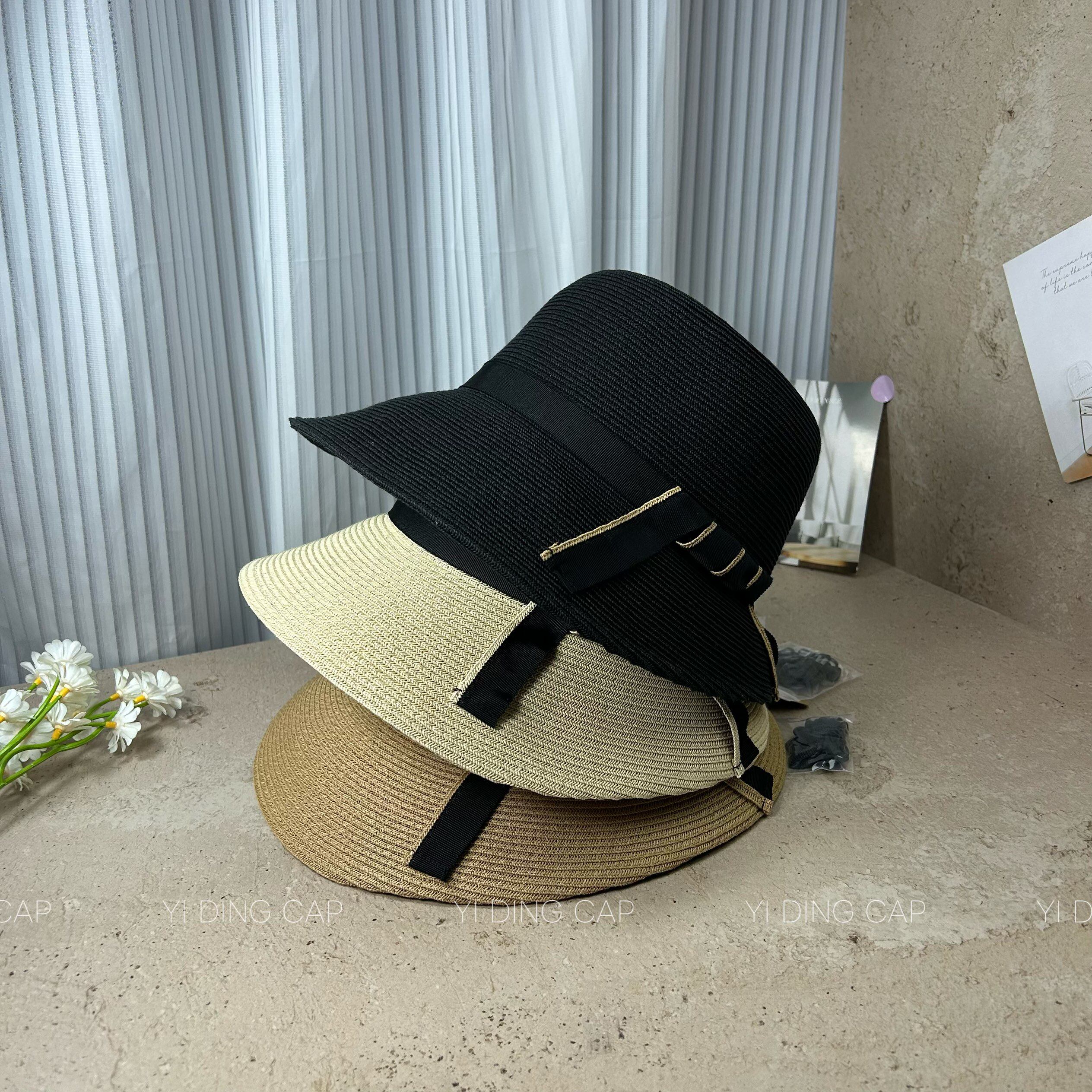 夏日松弛感织带结扣翘边渔夫帽子女度假草帽海边沙滩帽遮阳帽盆帽