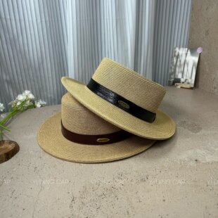 草编简约皮带装饰平顶帽女夏季新款显脸小盆帽遮阳防晒礼帽草帽潮