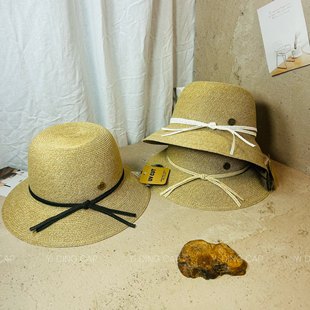 韩系极简风纸草编织蝴蝶结装饰渔夫帽女夏季遮阳防晒显脸小草帽潮