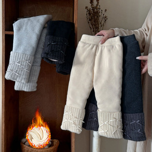 女童加厚三层夹棉打底裤25冬季新款宝宝蝴蝶结一件过冬裤子