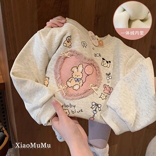 女童加绒卫衣26新款秋冬装小童宝宝洋气一体绒加厚保暖上衣套头衫