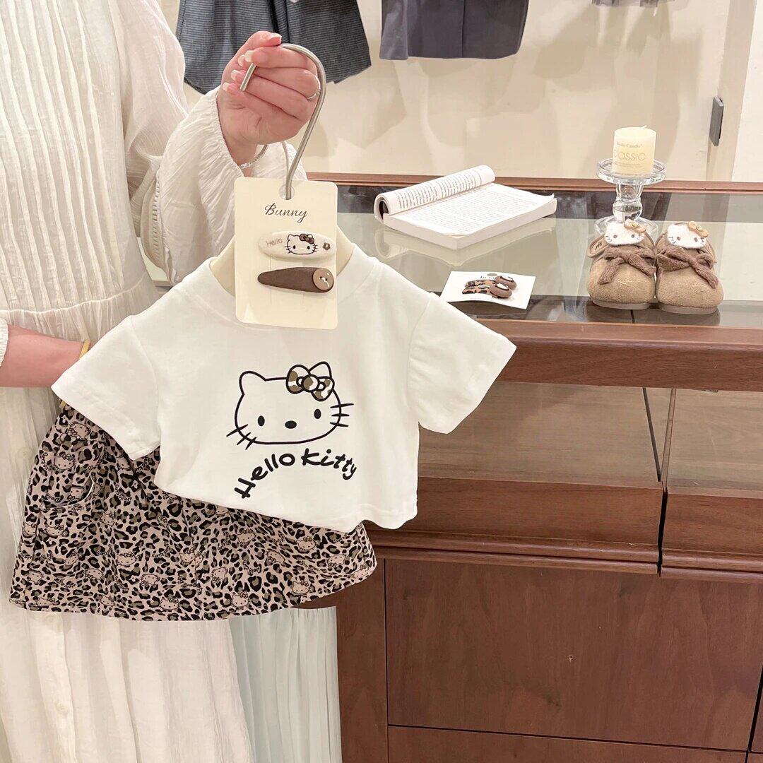 女童夏季套装宝宝洋气甜美上衣卡通KT猫咪短袖豹纹印花短裙两件套