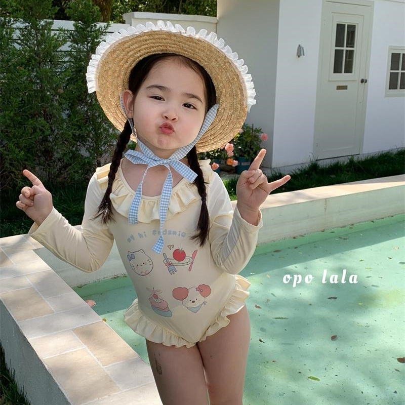 女童长袖泳衣夏装蛋糕印花游泳衣
