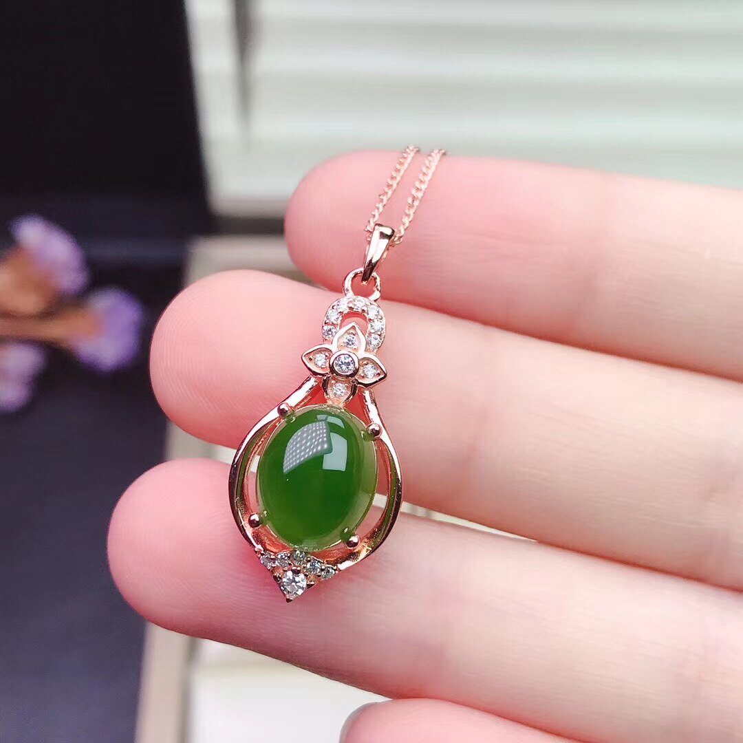 天然和田白玉碧玉吊坠菠菜绿s925纯银镶嵌时尚百搭送礼送银链