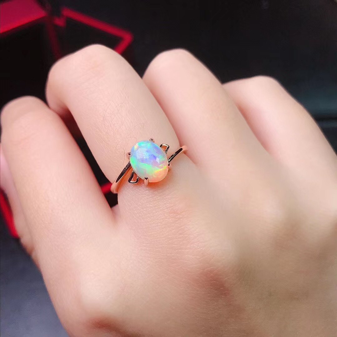 天然彩色欧泊宝石戒指女s925纯银时尚简约精致火彩好活口