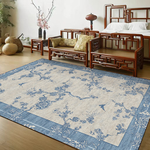 新中式地毯客厅法式中古高级感复古蓝色中国风卧室满铺禅意茶室