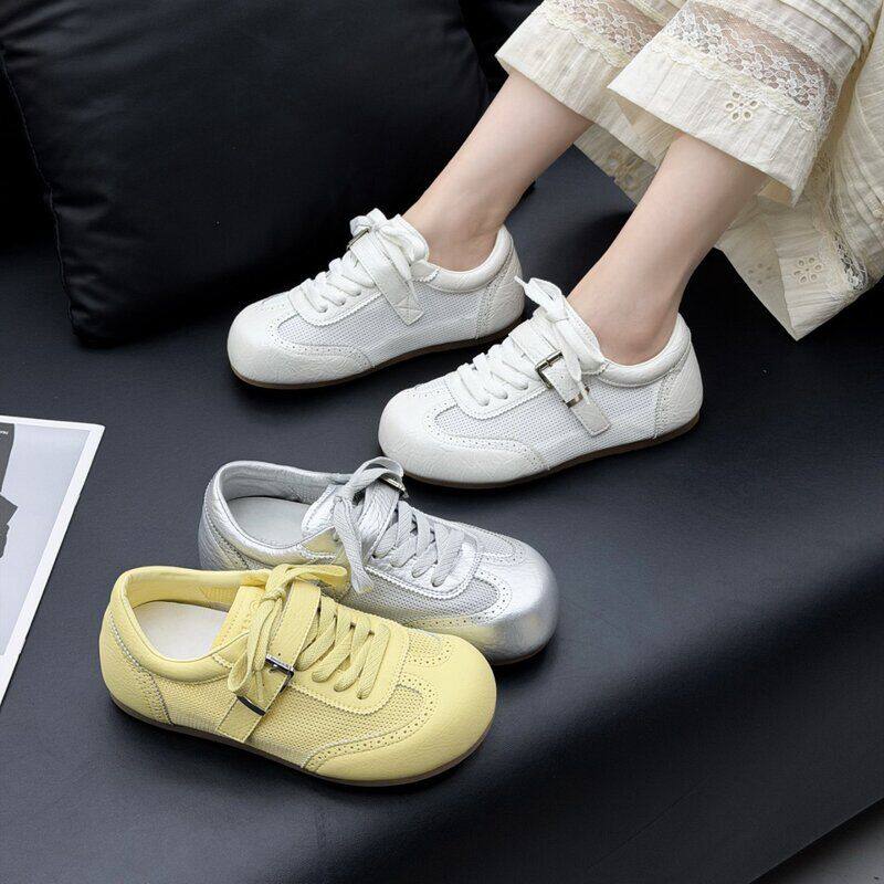 真皮网面小白鞋女2026夏季新款圆头厚底轻便透气薄款牛皮休闲板鞋