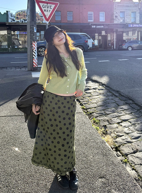 Tetu STUDIO 2025SS 定制真丝棉抹茶绿波点松紧腰半裙