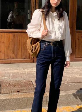 Têtu STUDIO【折扣7折】日杂女孩 高腰显瘦深蓝色直筒小脚牛仔裤