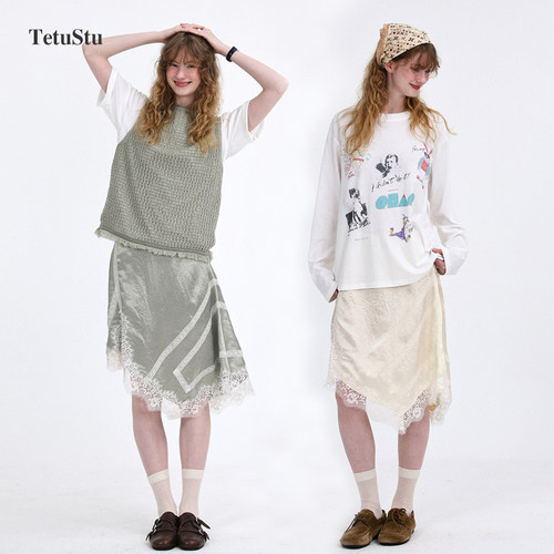 Tetu STUDIO 2026SS 两色100%醋酸微皱肌理感不规则蕾丝拼接半裙