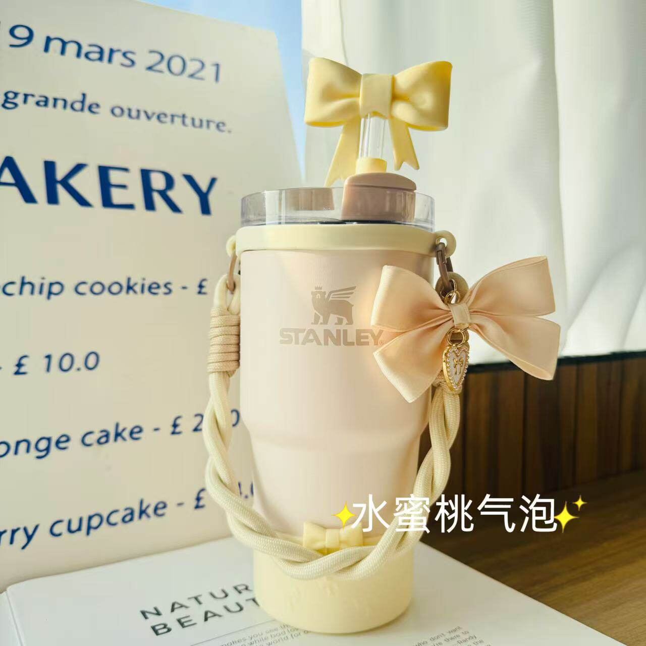 米白赫本风蝴蝶结手提挂绳杯套图片