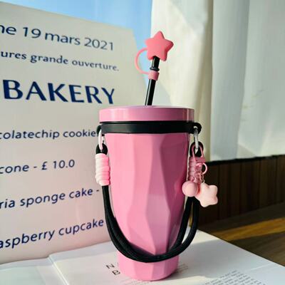 黑粉编织星星手提挂绳水杯杯套