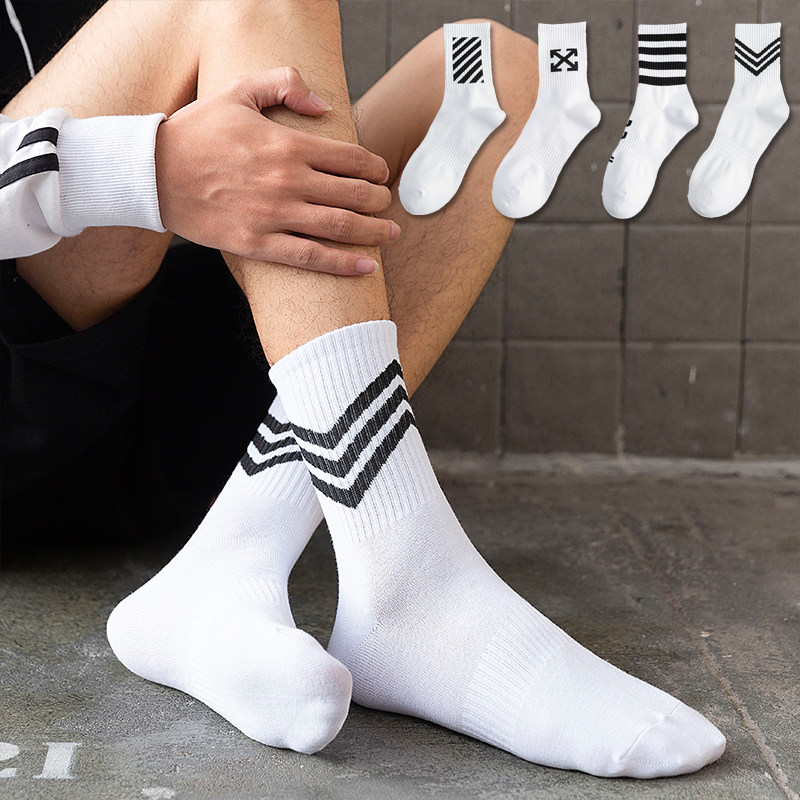 袜子男潮街头复古工装裤长筒纯棉袜白袜控男生薄款中筒运动高帮袜