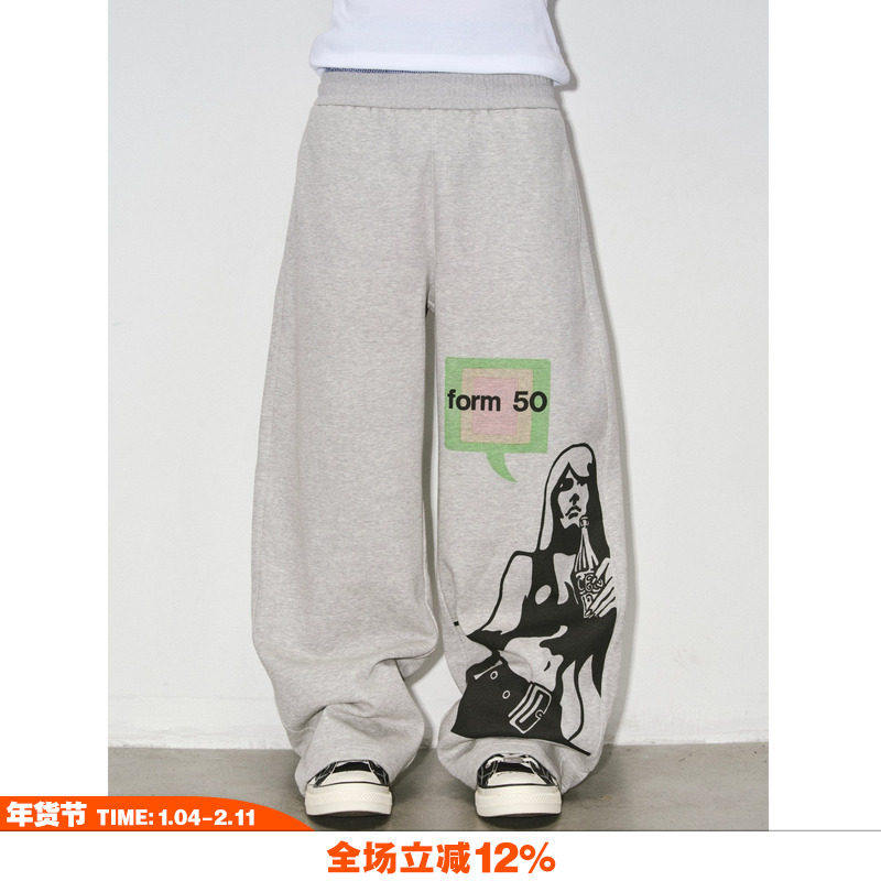 美式复古人像印花慵懒弯刀阔腿裤男女通勤百搭宽松休闲运动卫裤