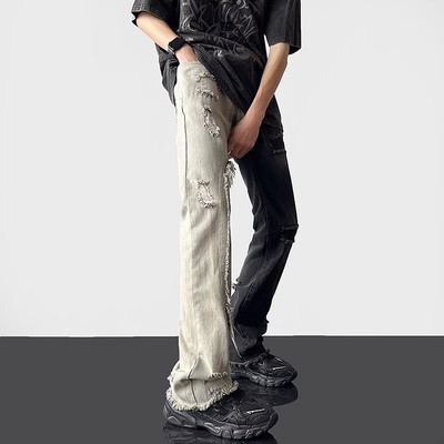 裤子男款破洞拼接双色牛仔裤